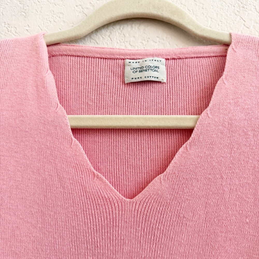 United Colors of Benetton Pink Cotton Scalloped V-Neck Sweater Made in Italy M - Picture 3 of 12